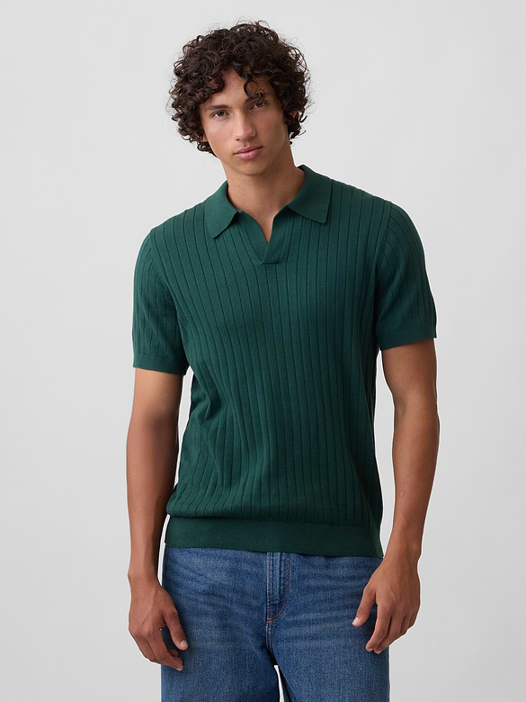 100% Cotton Relaxed Ribbed Johnny Collar Polo Sweater