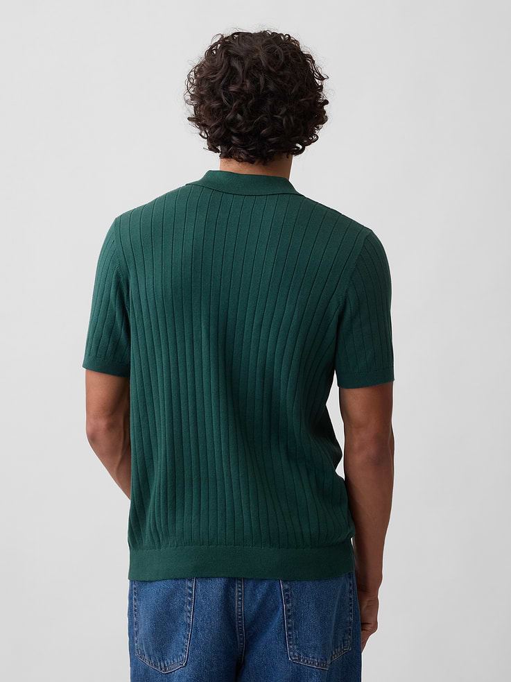 Image 2 of 5, 100% Cotton Relaxed Ribbed Johnny Collar Polo Sweater