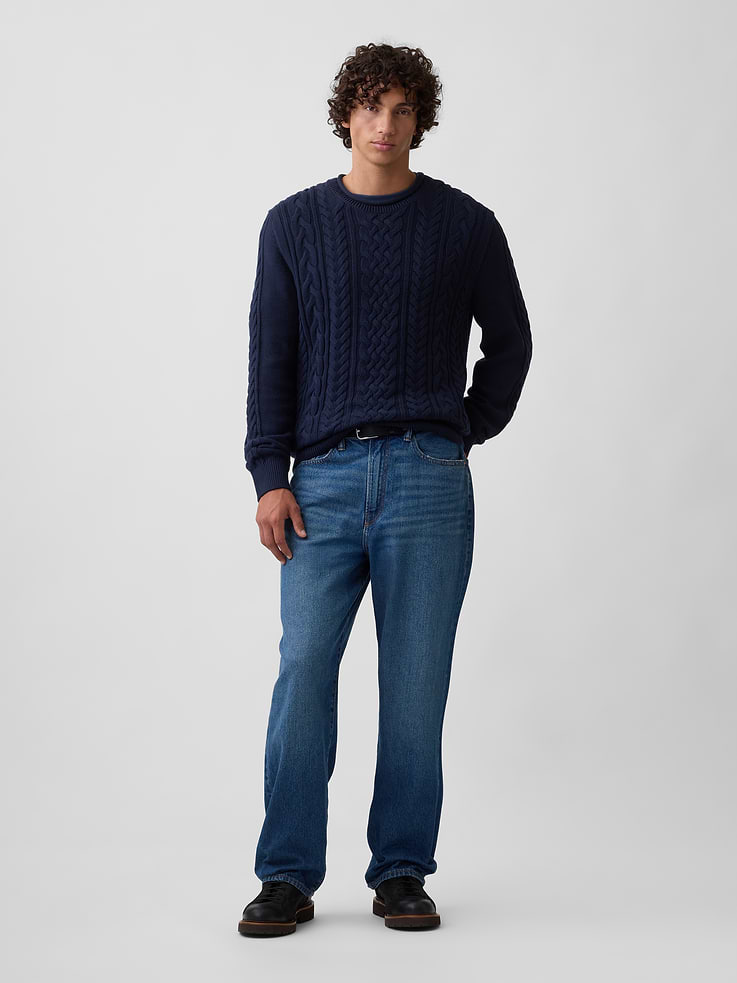 Image 3 of 5, 100% Cotton Relaxed Cable-Knit Crewneck Sweater