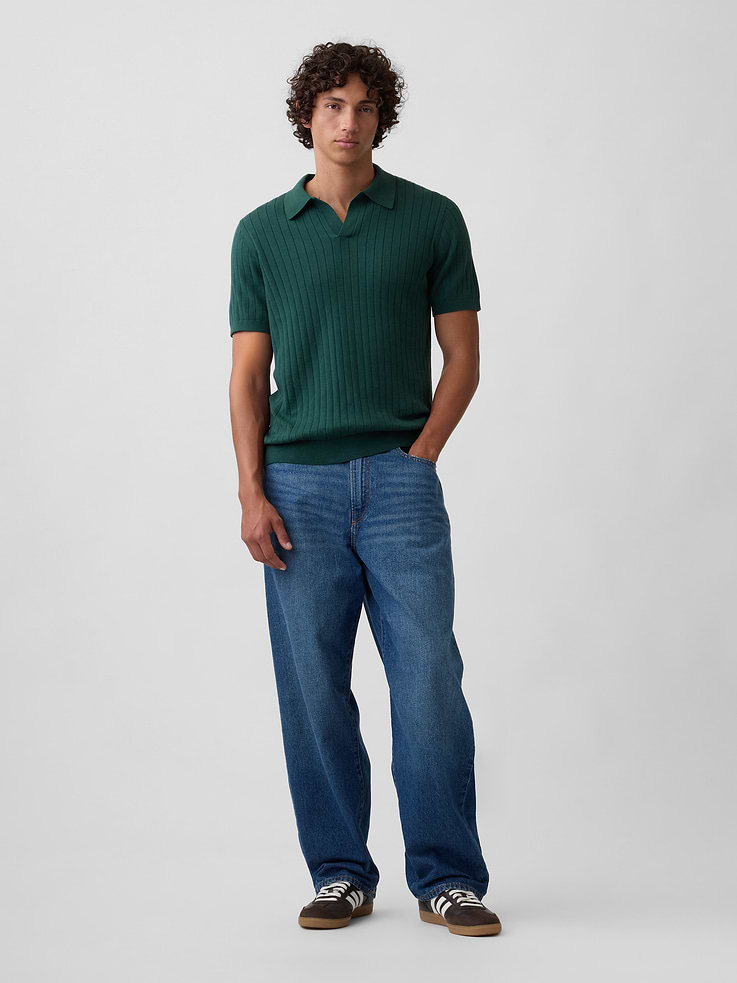 Image 3 of 5, 100% Cotton Relaxed Ribbed Johnny Collar Polo Sweater