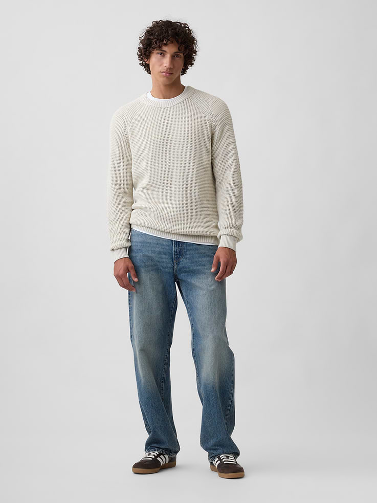 Image 3 of 5, 100% Cotton Waffle-Knit Crewneck Sweater