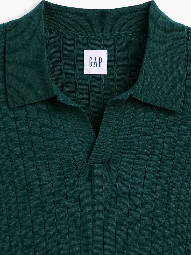 Image 4 of 5, 100% Cotton Relaxed Ribbed Johnny Collar Polo Sweater