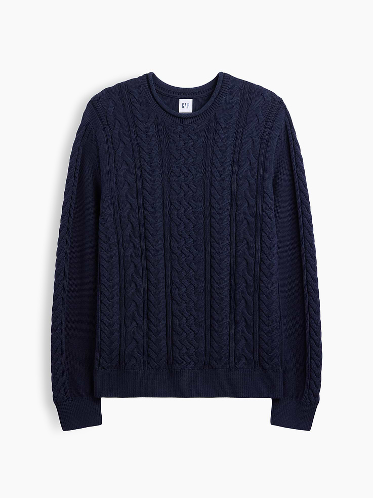 Image 5 of 5, 100% Cotton Relaxed Cable-Knit Crewneck Sweater