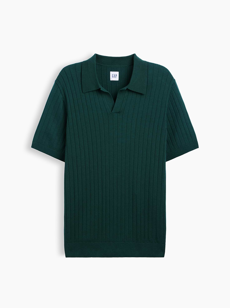Image 5 of 5, 100% Cotton Relaxed Ribbed Johnny Collar Polo Sweater