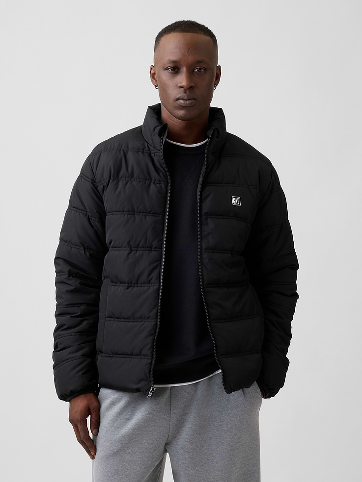 Image 1 of 5, Quilted water-resistant outer., 100% recycled wellon fill., Dropped shoulder, long sleeves with elasticized cuffs., Stand collar, zip front., Gap logo at chest., On-seam pockets., This product was made in a factory that invests in gender equity and women’s empowerment through RISE. Learn more at, Product #1178562