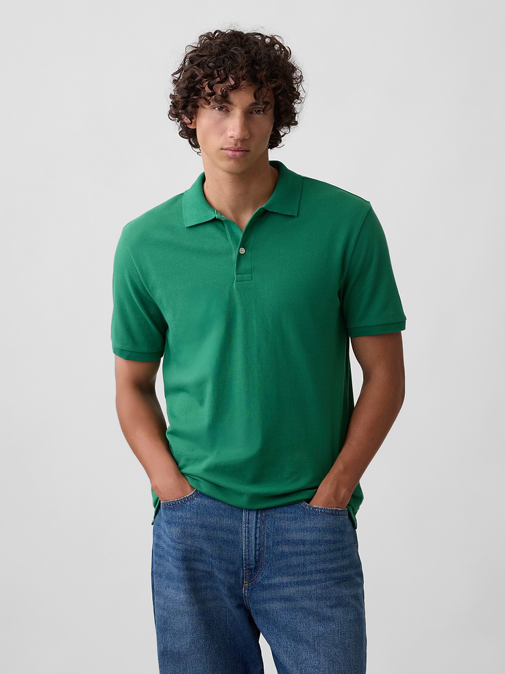 Image 1 of 5, Stretch pique knit., Short sleeves., Spread collar, henley button front., Slits at hem., Product #1181123