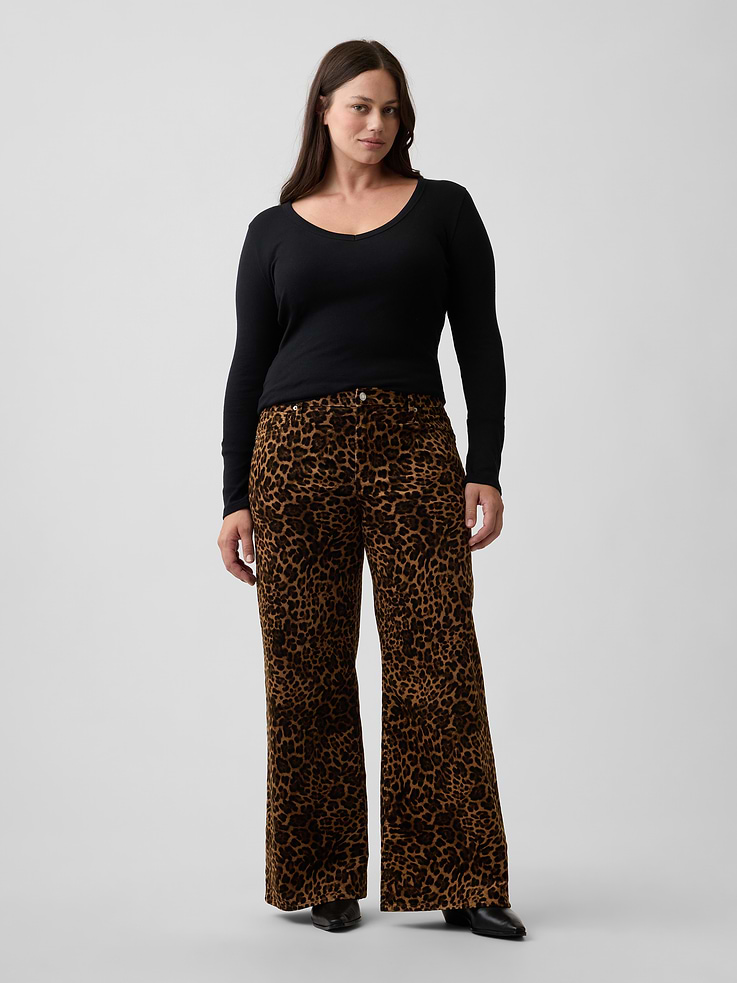 Image 5 of 7, Mid Rise Wide-Leg Leopard Print Corduroy Pants