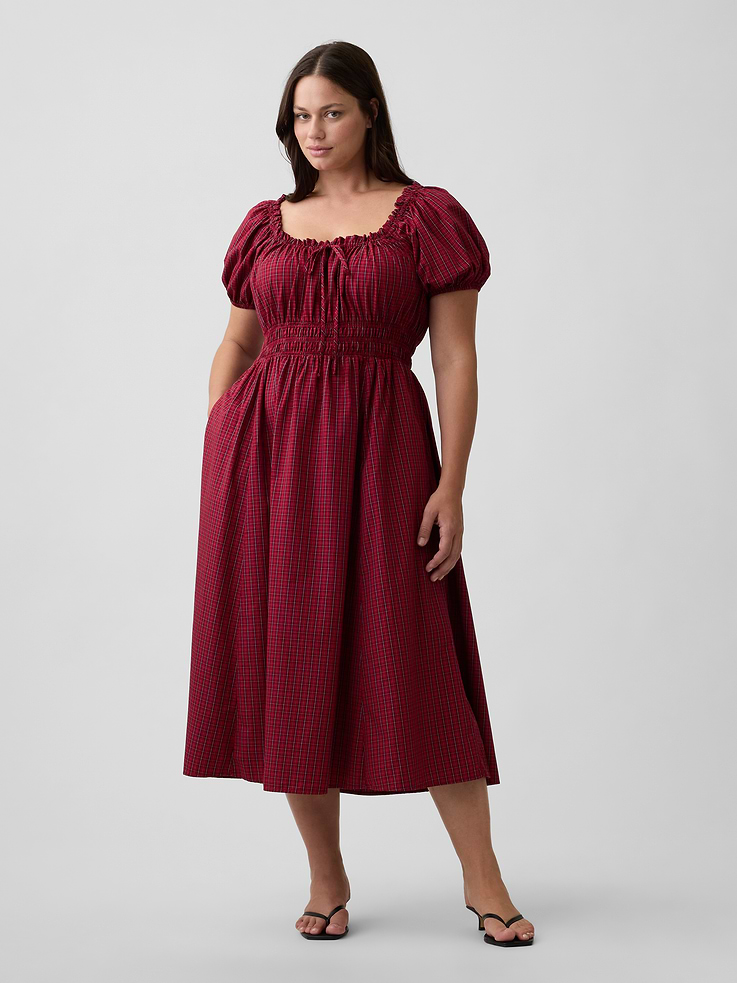 Image 4 of 6, Puff Sleeve Tie-Neck Midi Dress