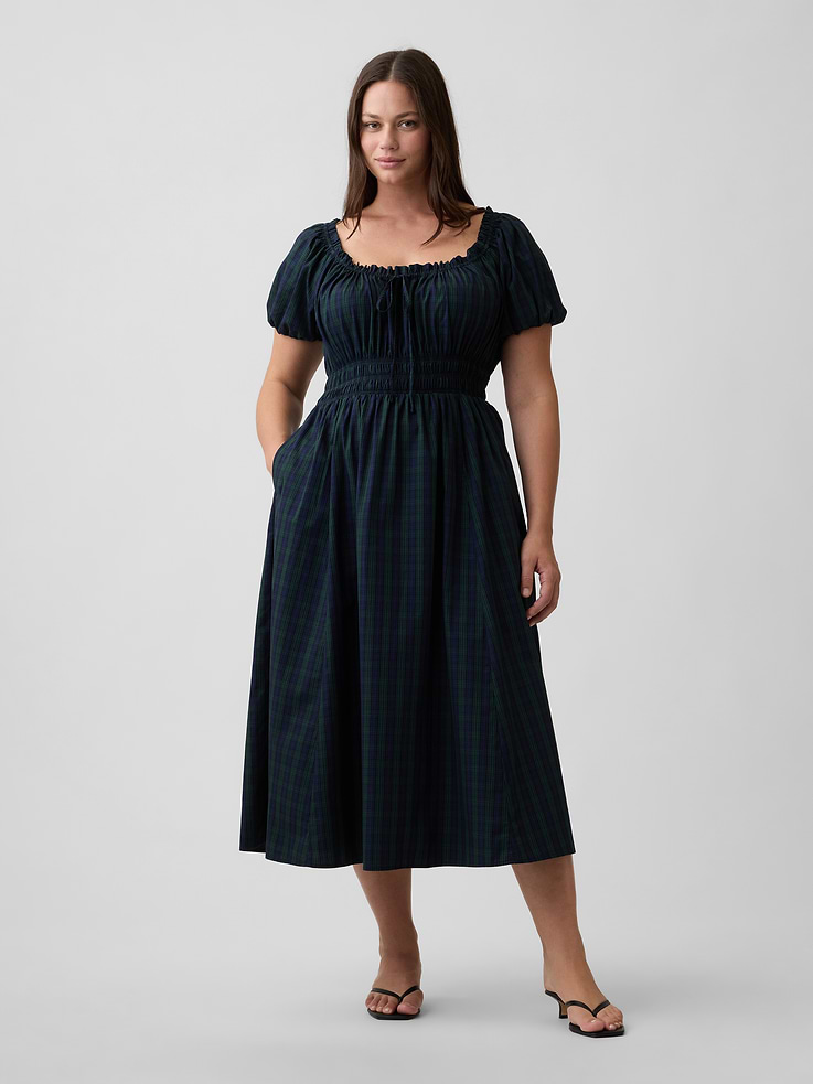 Image 4 of 6, Puff Sleeve Tie-Neck Midi Dress