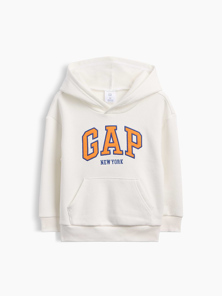 Image 1 of 3, This product is made with/contains 23% recycled polyester. Compared to virgin materials, using recycled materials helps reduce resource use and waste., Soft, comfy fleece., Dropped shoulder, long sleeves with banded cuffs., Hood., Gap NY logo at front., Banded hem., This product was made in a factory that invests in gender equity and women’s empowerment through RISE. Learn more at, Product #1196028
