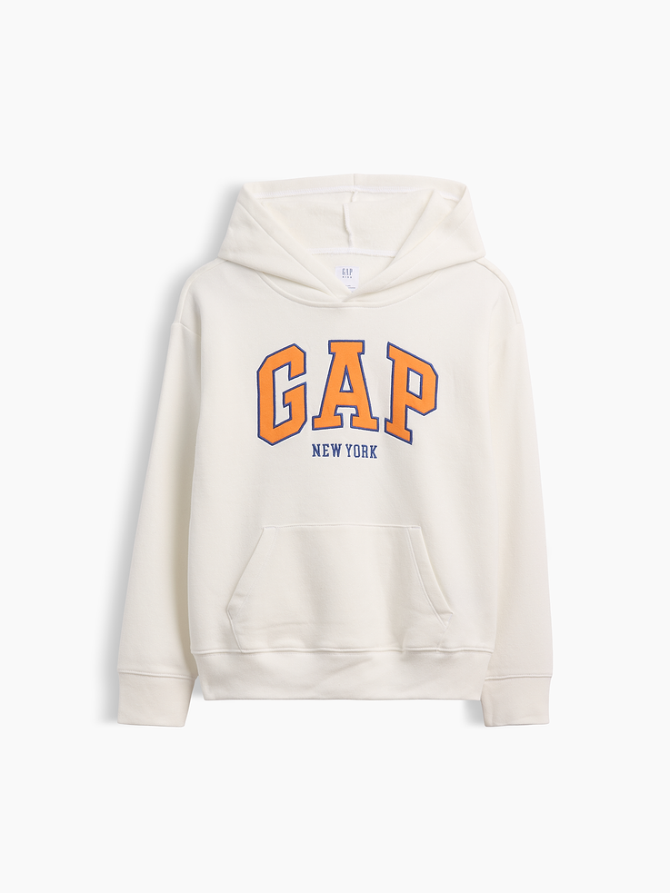 Image 1 of 3, This product is made with/contains 23% recycled polyester. Compared to virgin materials, using recycled materials helps reduce resource use and waste., Soft, comfy fleece., Dropped shoulder, long sleeves with banded cuffs., Hood., Gap NY logo at front., Banded hem., Product #1199350