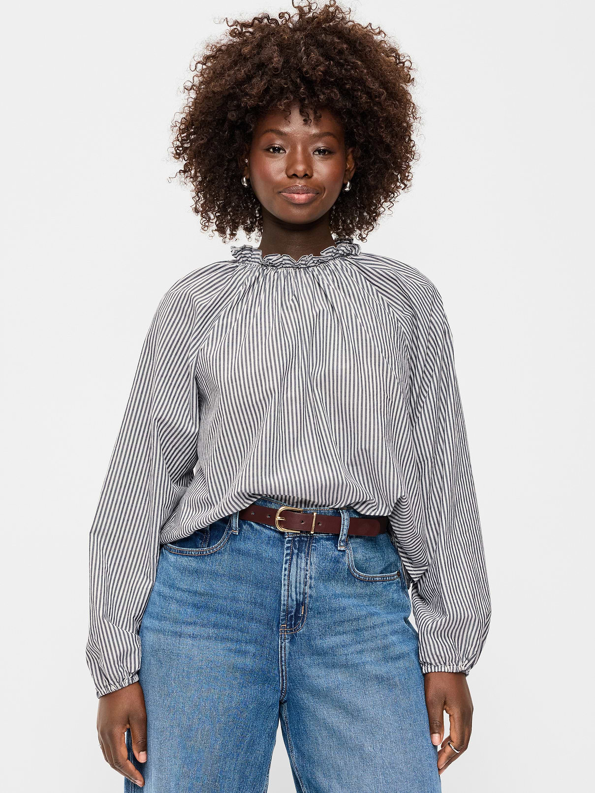 Image 2 of 4, Long-Sleeve Ruffle-Neck A-Line Top, New