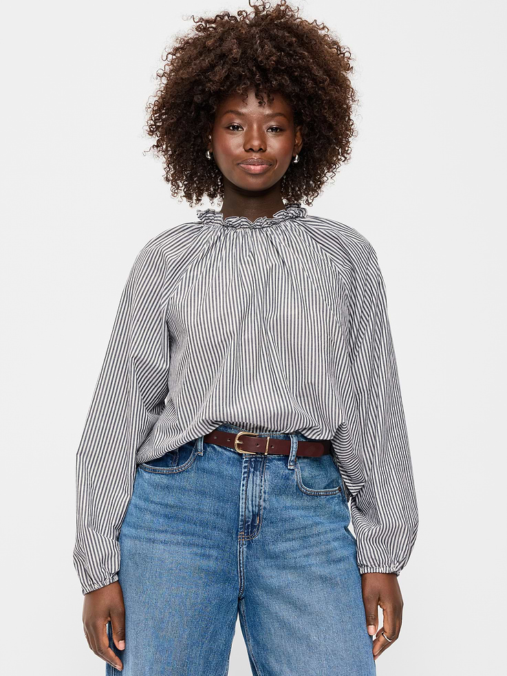 Image 2 of 6, Long-Sleeve Ruffle-Neck A-Line Top