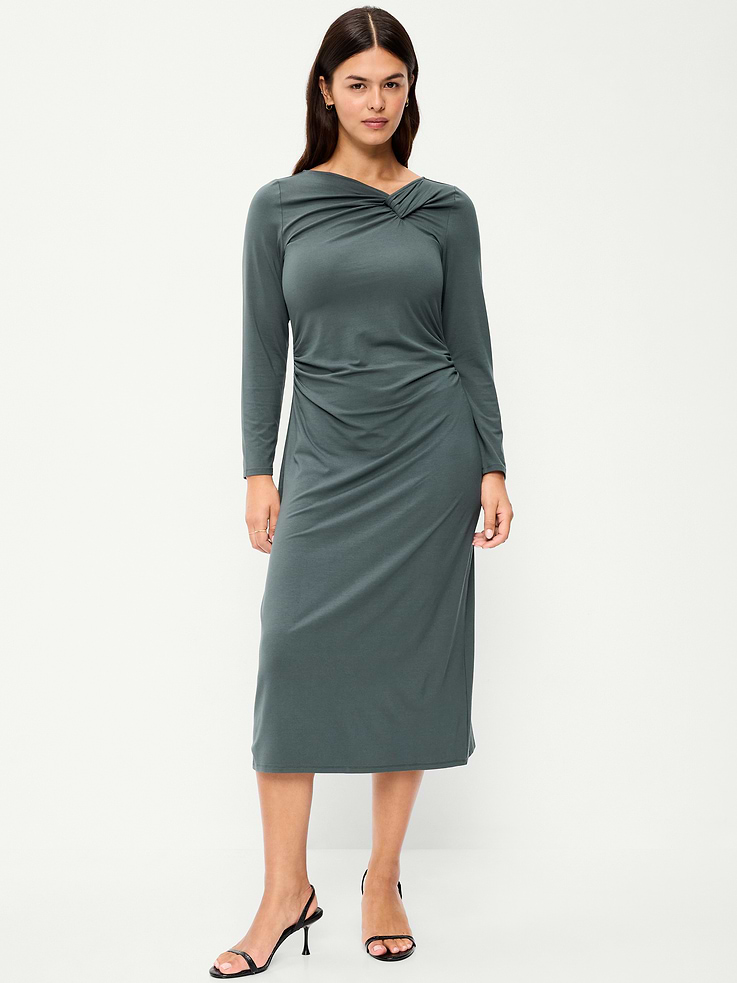Image 7 of 10, Long-Sleeve Twist-Front Ruched Midi Dress