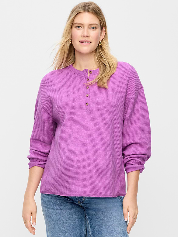 Maternity Long-Sleeve Waffle Knit Henley Top