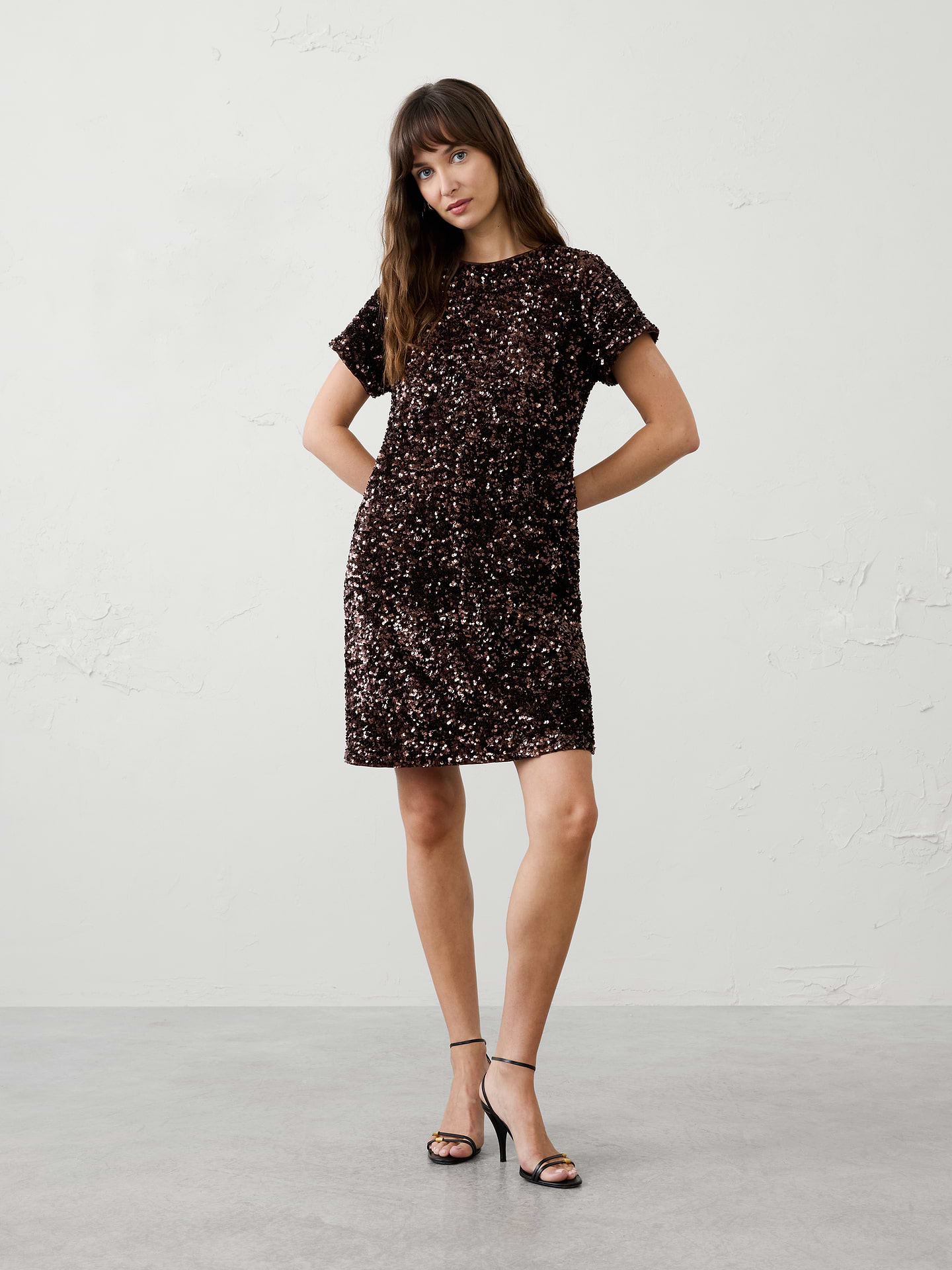 Image 1 of 4, Covered in shimmering sequins, this easy silhouette combines festive sparkle with the comfort and versatility of your favorite tee., Crew neck. Short sleeves., Back keyhole opening with closure., Fully lined., Made exclusively for Banana Republic Factory., Product #1185695