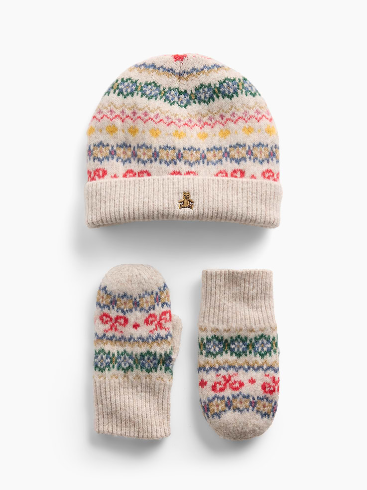 Image 1 of 2, Soft, stretch knit beanie and mittens set., Embroidered Brannan Bear at front., Product #1185859