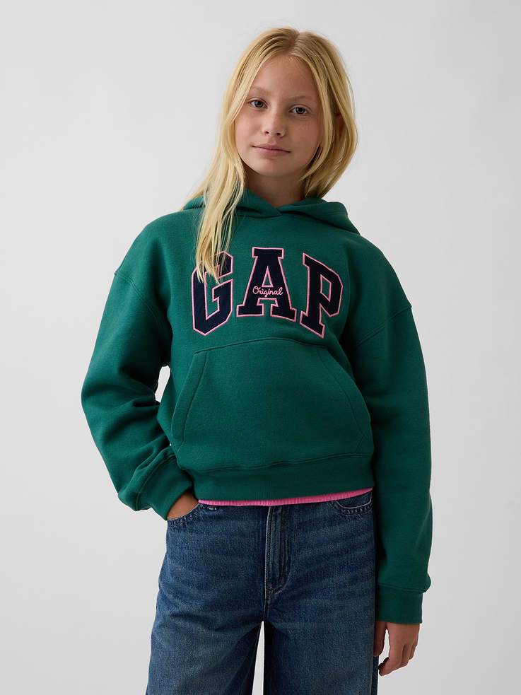 Image 1 of 6, Our softer than soft sweats. Brushed on the inside. Smooth on the outside. Made so that no two are alike., Soft cotton-blend fleece hoodie in a relaxed fit., Hooded neckline., Long sleeves with drop shoulders., Kanga pocket., Assorted colors & graphics., Certain styles have the Gap arch logo at front., Banded cuffs & hem., Made with 23% recycled polyester. Compared to virgin materials, using recycled materials helps reduce resource use and waste., Product #879365
