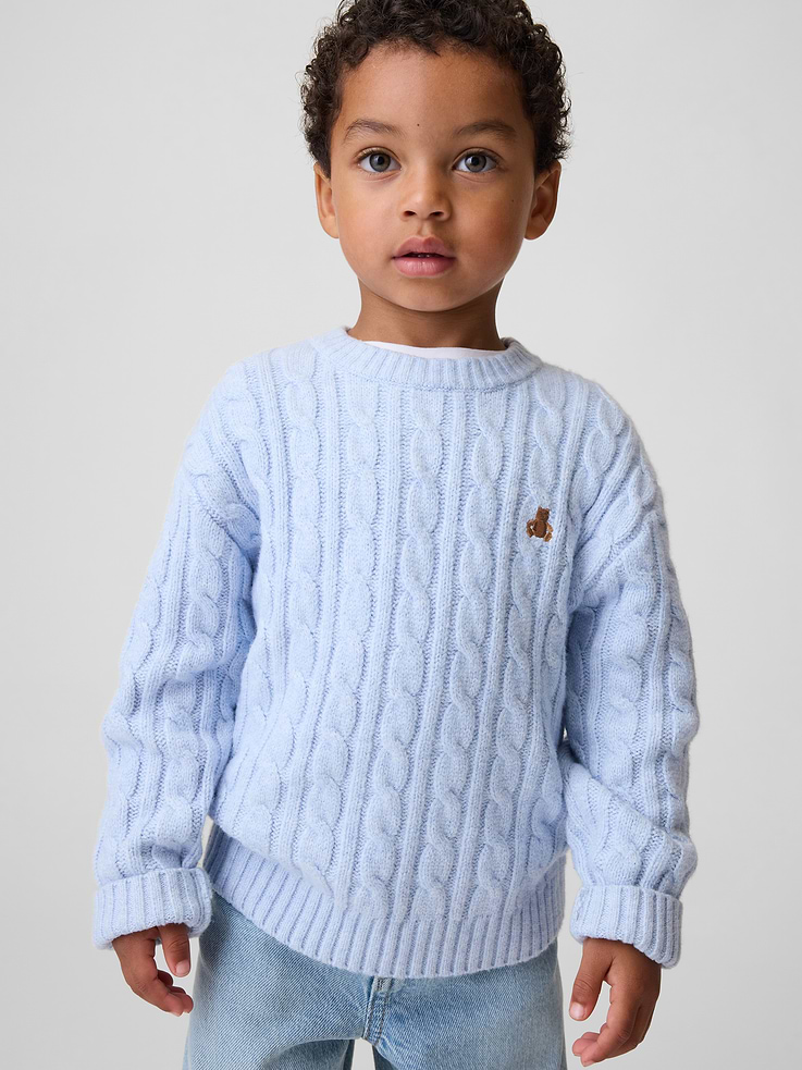 Image 1 of 4, Our bestselling fabric that feels cashmere-soft. Crafted in a midweight plush yarn. Refined with a special brushed technique. It's everyday luxury., Supersoft cotton-blend cable-knit sweater., Crewneck., Long sleeves with drop shoulders., Embroidered Brannan Bear at chest., Ribbed hem., Product #906357