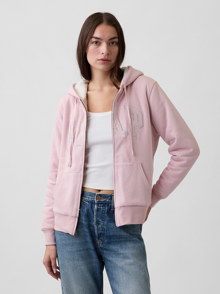 Image 1 of 5, This product is made with/contains 23% recycled polyester. Compared to virgin materials, using recycled materials helps reduce resource use and waste., Soft French terry., Cozy sherpa lining at hood and body., Dropped shoulder, long sleeves with banded cuffs., Drawcord ties at hood, zip front., Gap logo at front., Kanga pockets., Banded hem., Product #1178027