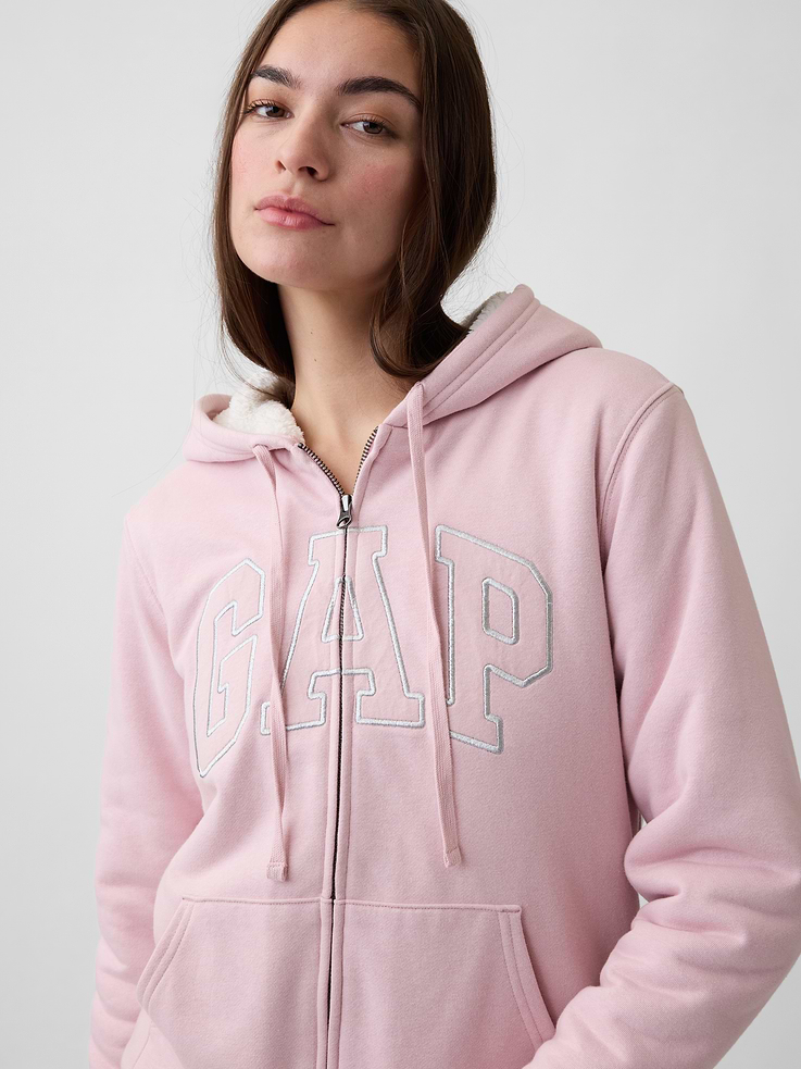 Image 4 of 5, Relaxed Sherpa-Lined Gap Logo Terry Zip Hoodie