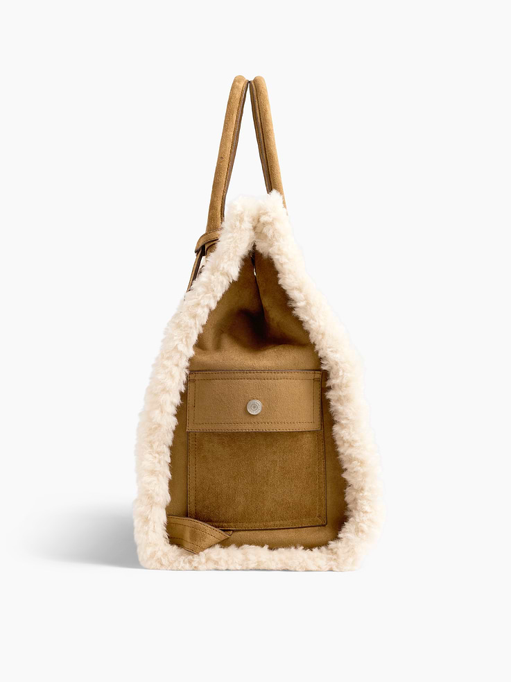 Image 6 of 7, Large Sherpa-Lined Vegan Suede Five Pocket Tote