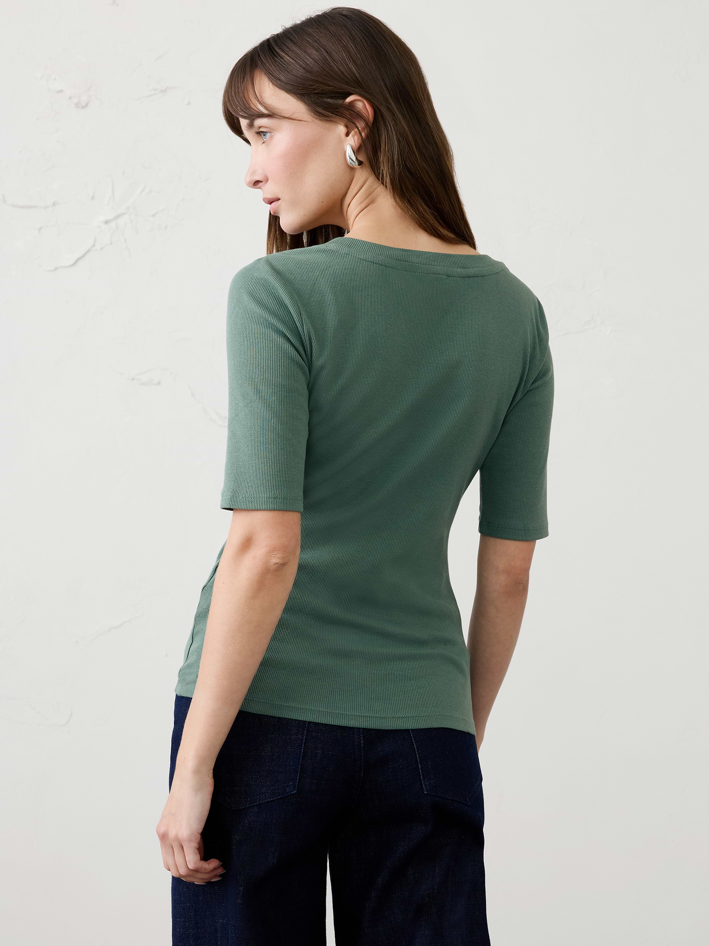 Image 2 of 8, Ribbed Elbow-Sleeve T-Shirt