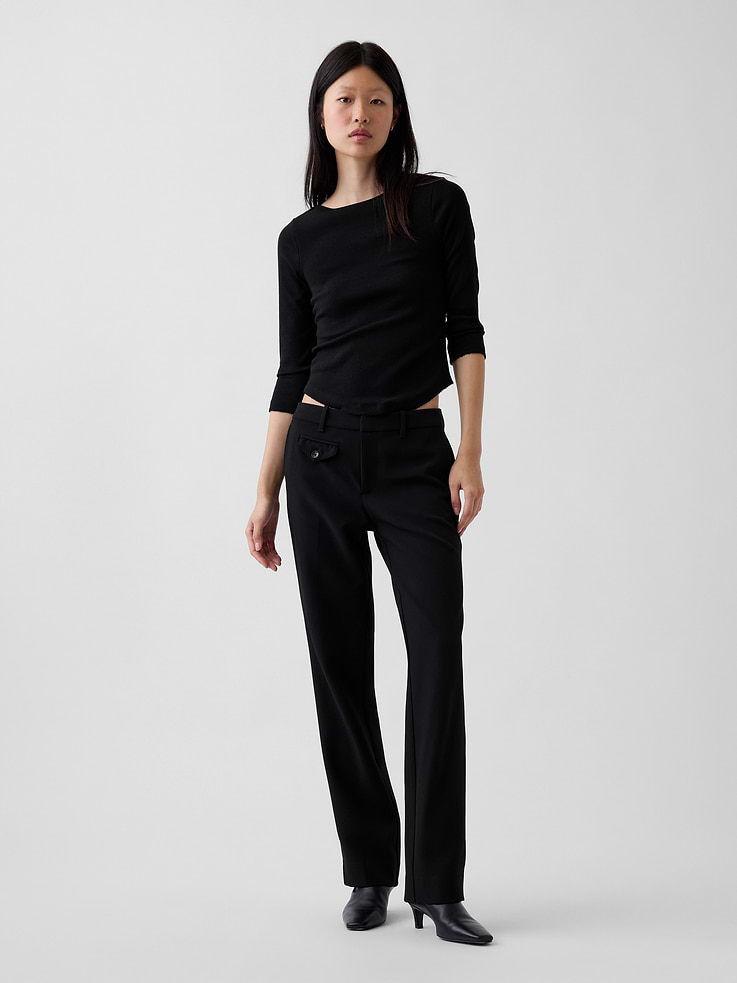 Image 1 of 7, A put-together feel with all-day flex. AKA works when you're logged on/off., Smooth woven pants with two-way stretch., Concealed hook and bar closure, zip fly., Small welt pocket with button-flap closure at front., Side slant pockets, back welt pockets., Vertical creasing detail at front and back., Made with 95% recycled polyester. Compared to virgin materials, using recycled materials helps reduce resource use and waste., This product was made in a factory that invests in gender equity and women’s empowerment through RISE. Learn more at gapinc.com/equity ., Product #1184736