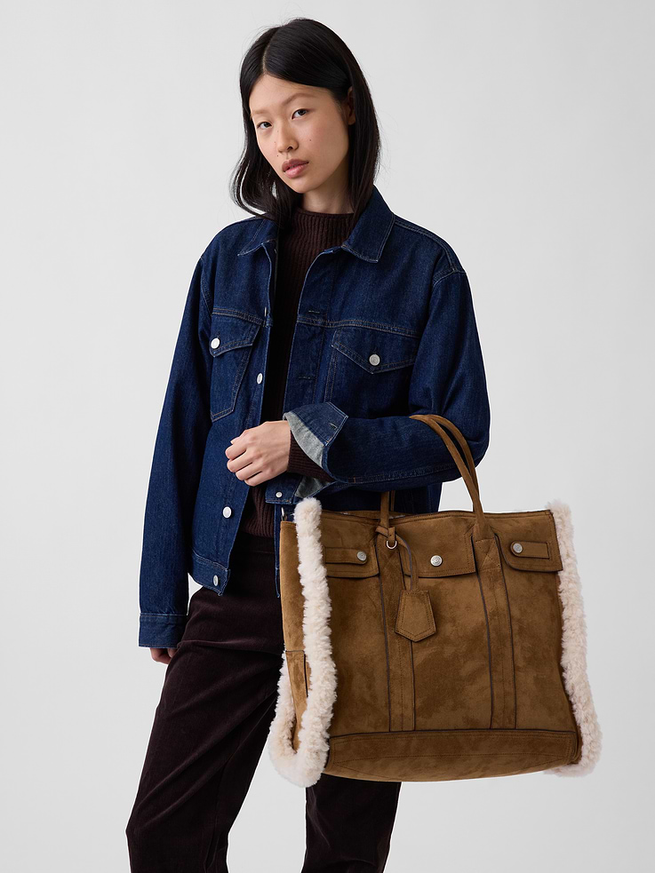 Image 2 of 7, Large Sherpa-Lined Vegan Suede Five Pocket Tote