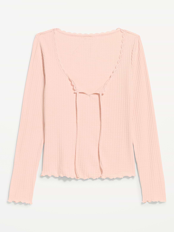 Long-Sleeve Pointelle Knit Lace-Trim Top