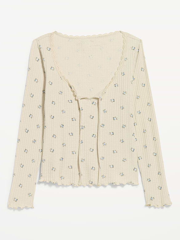 Long-Sleeve Pointelle Knit Lace-Trim Top