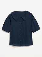 Image 1 of 2, lapel collar, short elasticized sleeves, button front, tie detail at back, Product #1184391