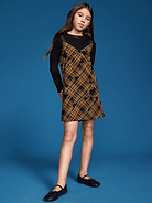 Image 1 of 5, mock neck, long sleeves, coordinating dress, grosgrain ribbon shoulder straps, lace-trim along neckline, all-over plaid and floral pattern, Product #1184462