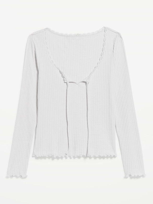 Long-Sleeve Pointelle Knit Lace-Trim Top