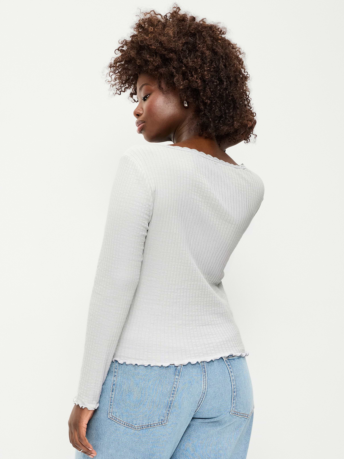 Image 3 of 3, Long-Sleeve Pointelle Knit Lace-Trim Top