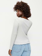 Image 3 of 3, Long-Sleeve Pointelle Knit Lace-Trim Top