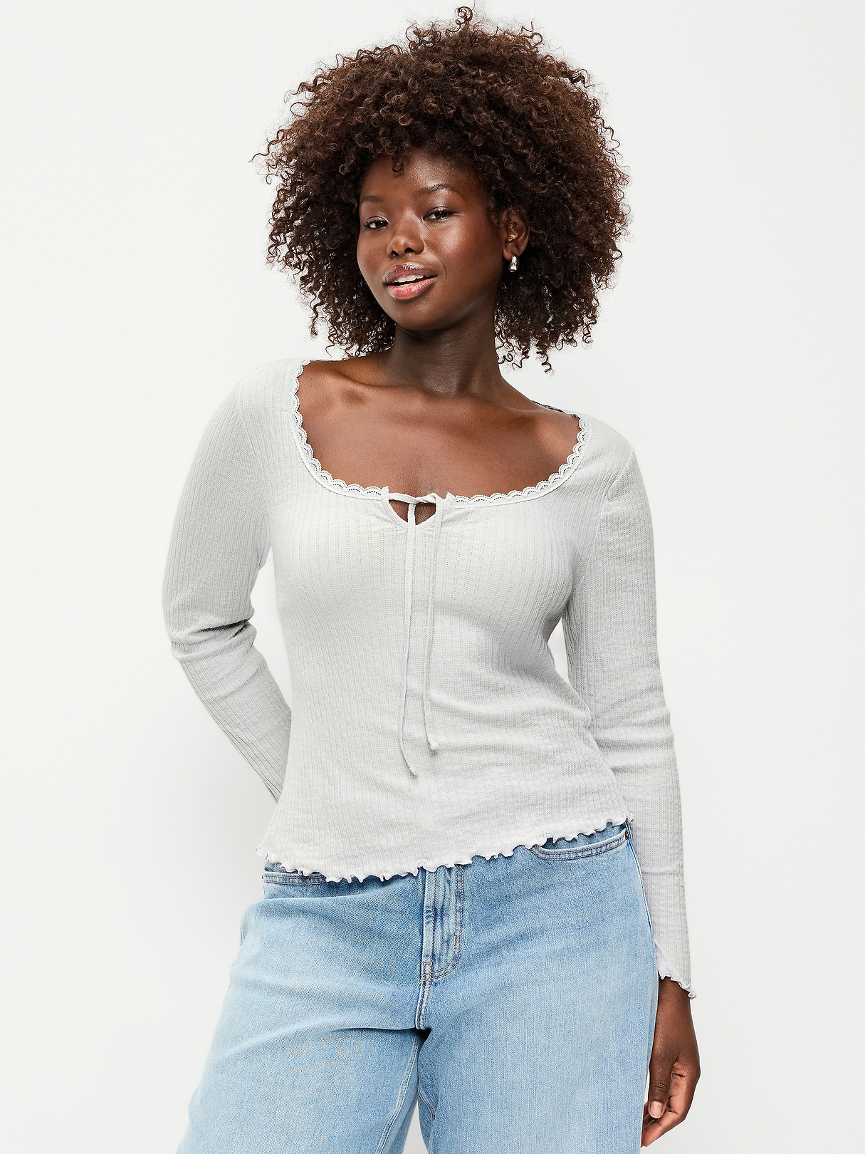 Long-Sleeve Pointelle Knit Lace-Trim Top | Old Navy
