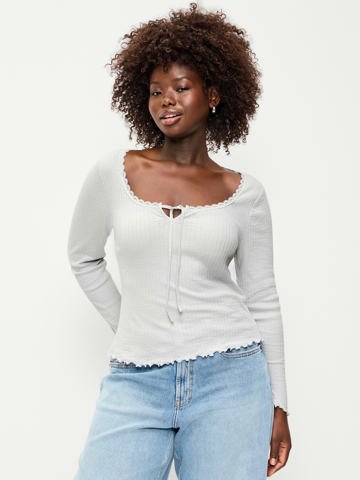 Image 2 of 3, Long-Sleeve Pointelle Knit Lace-Trim Top