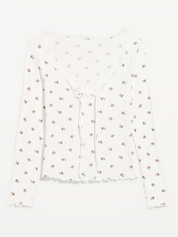 Long-Sleeve Pointelle Knit Lace-Trim Top