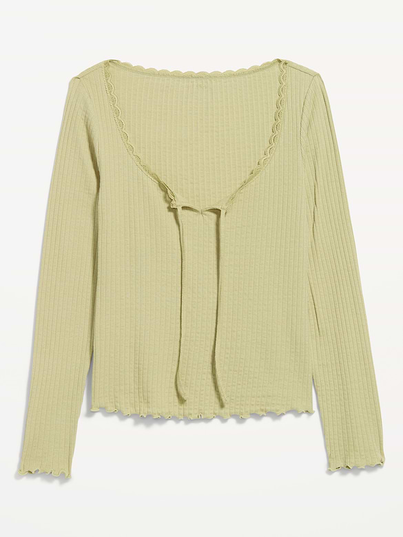 Long-Sleeve Pointelle Knit Lace-Trim Top