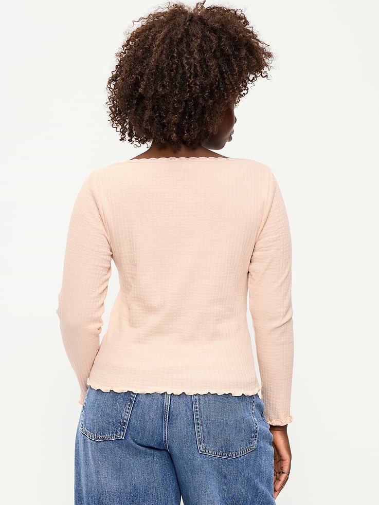 Image 4 of 4, Long-Sleeve Pointelle Knit Lace-Trim Top