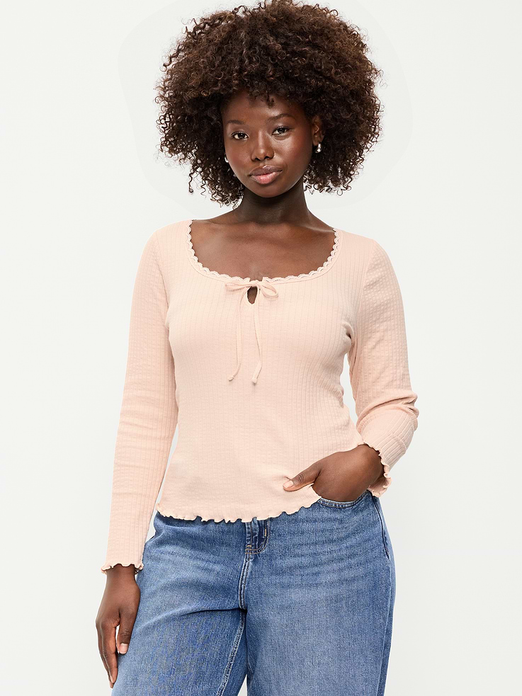 Image 3 of 4, Long-Sleeve Pointelle Knit Lace-Trim Top