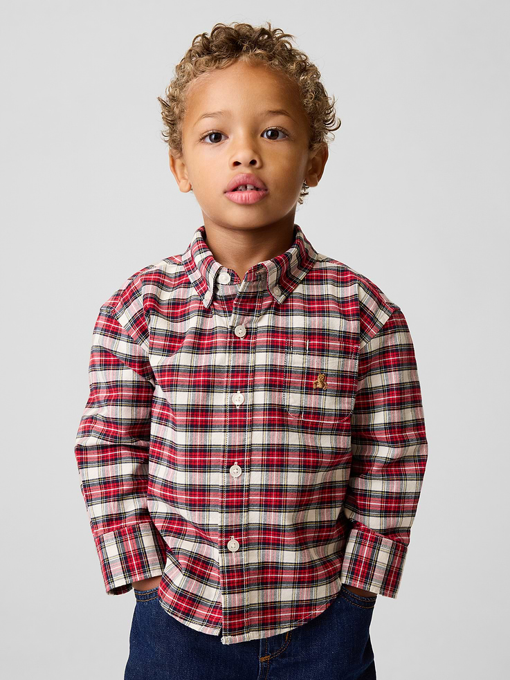 Image 1 of 4, Soft, stretch cotton-blend Oxford shirt., Shirting collar, button front., Long sleeves with button cuffs., Patch pocket with embroidered Brannan Bear., Allover prints., Made with 98% organically grown cotton which is grown without the use of synthetic pesticides and fertilizers., This product was made in a factory that invests in gender equity and women’s empowerment through RISE. Learn more at gapinc.com/equity ., Product #1186407