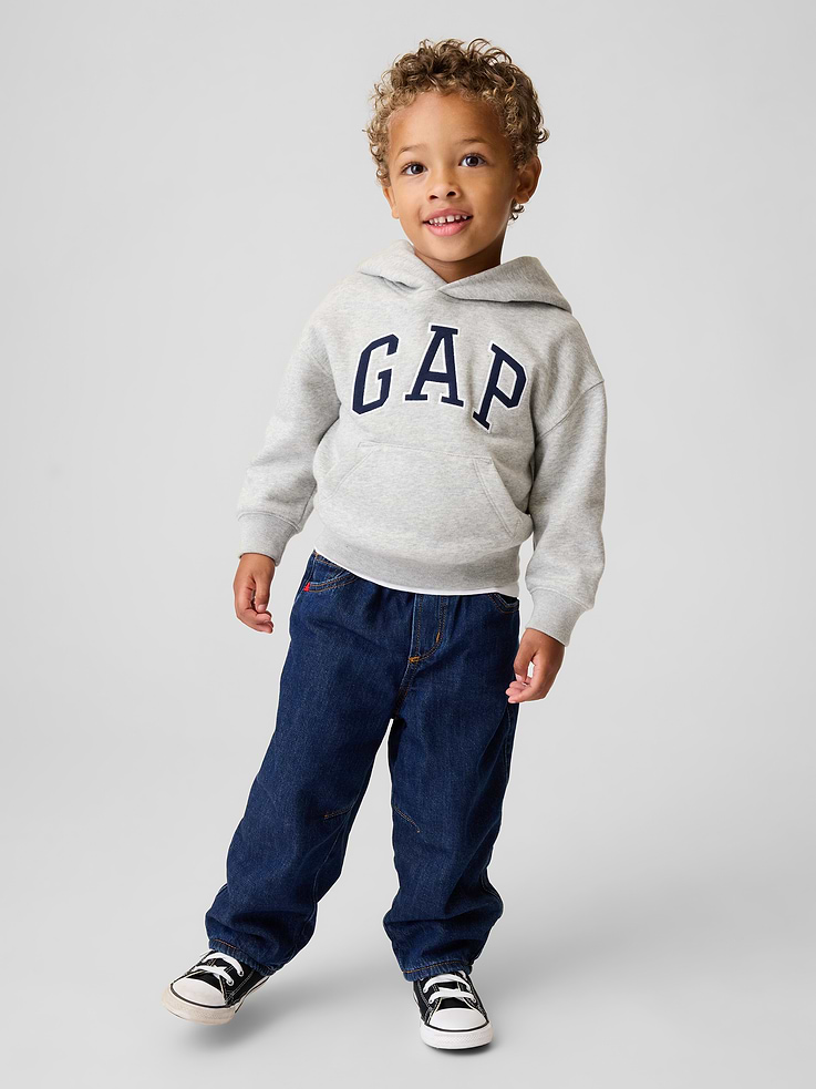Image 1 of 4, Authentic, non-stretch denim pull-on barrel jeans. With a cozy fleece lining., Elasticized waist with faux fly., Classic five-pocket styling., Dark indigo wash., Responsibly Made: This pair of jeans is part of our water-saving Washwell program. Compared with conventional wash methods, Washwell uses at least 20% less water., Jeans made with 64% Protocol cotton verified by the U.S. Cotton Trust Protocol, a program which works with farms committed to improving their environmental footprint by minimizing water usage and improving soil health (Claim No. 10127)., More Sustainable Cotton: Made with 5% recycled cotton. Compared to virgin materials, using recycled materials helps reduce resource use and waste., This product was made in a factory that invests in gender equity and women’s empowerment through RISE. Learn more at gapinc.com/equity ., Product #1186411