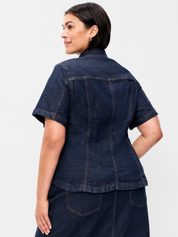 Image 7 of 8, Short-Sleeve Button-Front Denim Top
