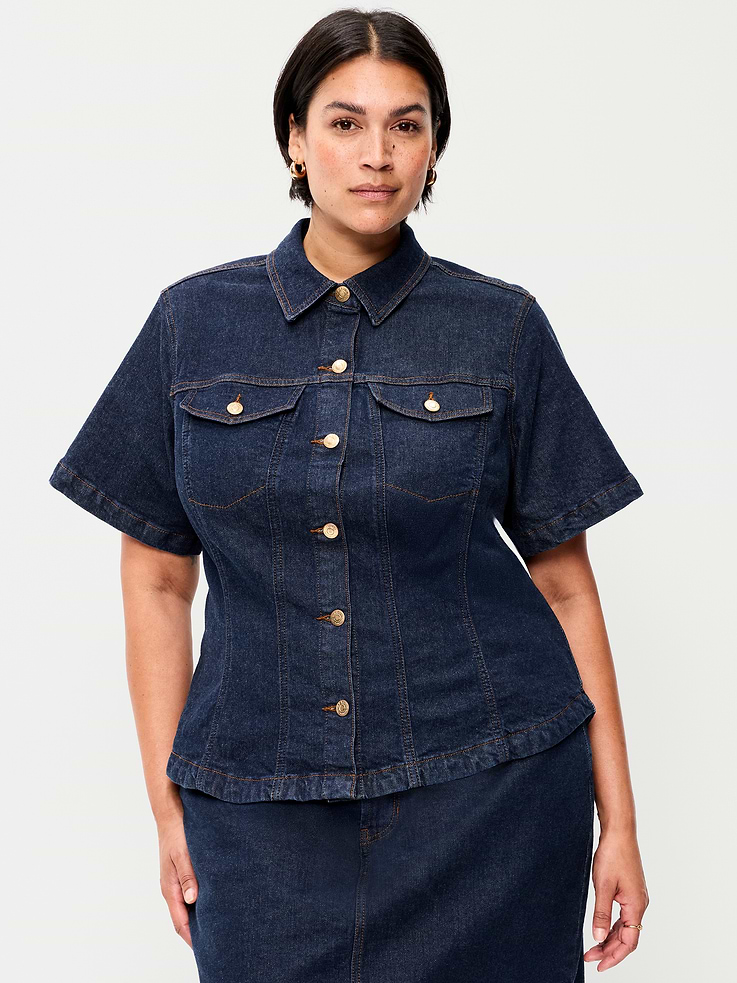 Image 6 of 8, Short-Sleeve Button-Front Denim Top