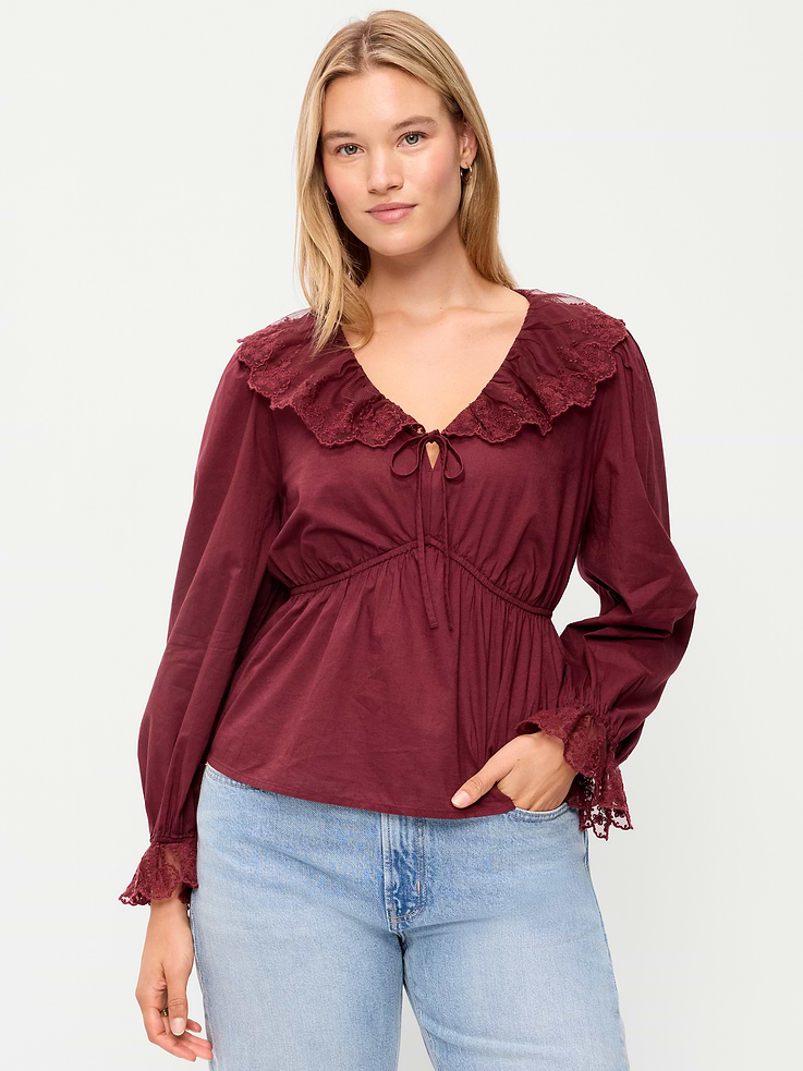 Image 1 of 5, v-neck, long sleeves, ruffle collar, tie detail, elasticized ruffle cuffs, peplum hem, Product #1184389