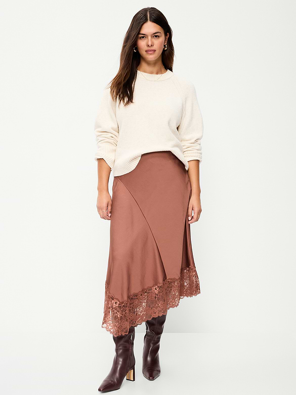Satin Asymmetrical-Hem Midi Skirt
