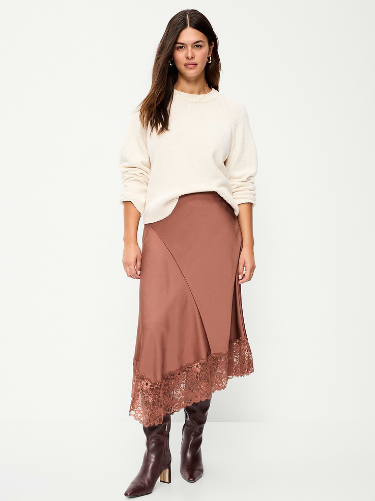 Image 1 of 5, elastic waist, pull-on style, asymmetrical hem, lace trim, Product #1184356