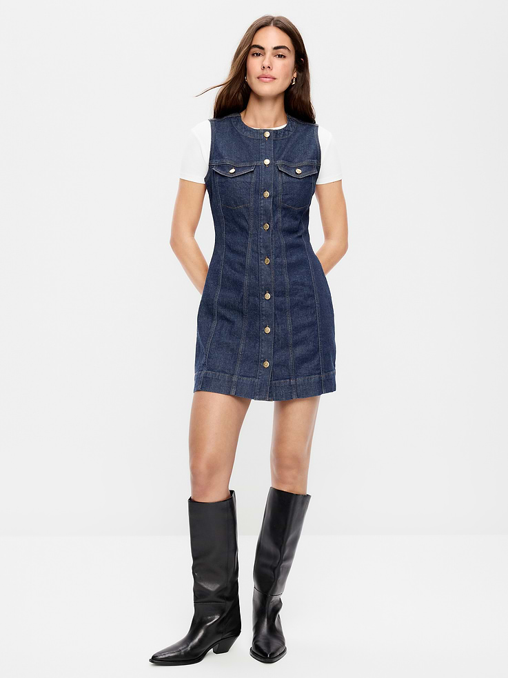 Image 3 of 10, Button-Down Fitted Denim Mini Dress